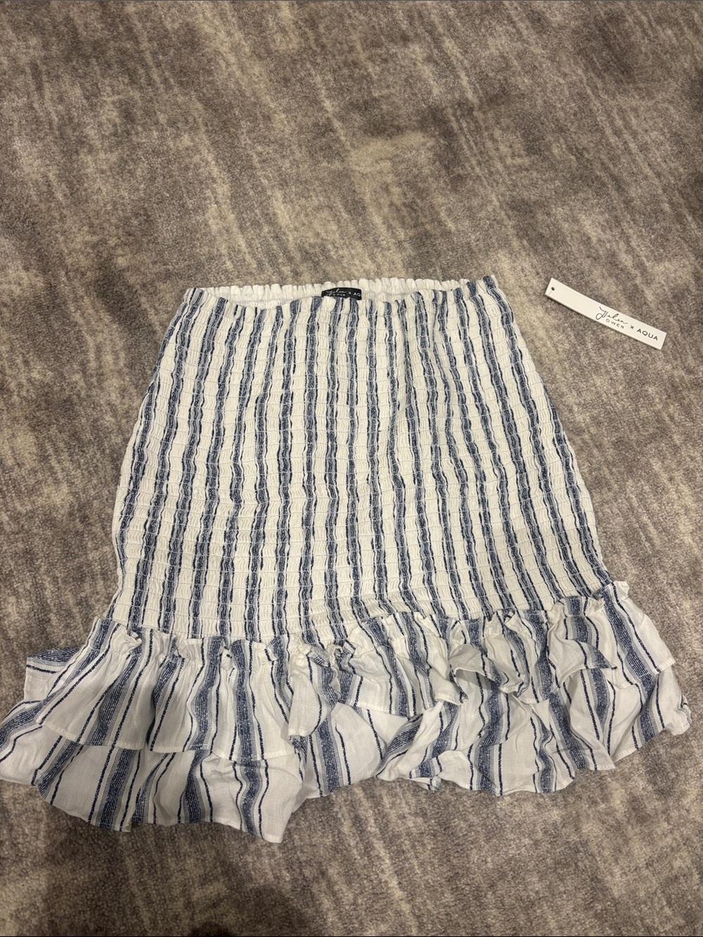 Helen Owen x AQUA Blue and White Striped Ruffle Hem Mini Skirt